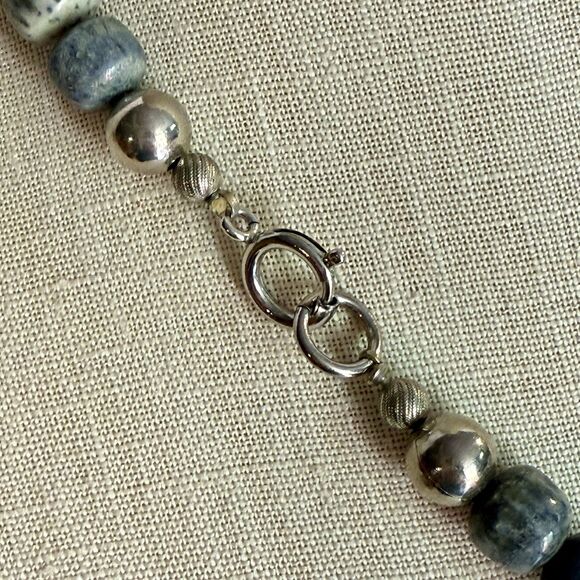 Handcrafted Chunky Ceramic Beaded Necklace – Blue & Cream Statement Jewelry - Picture 5 of 12